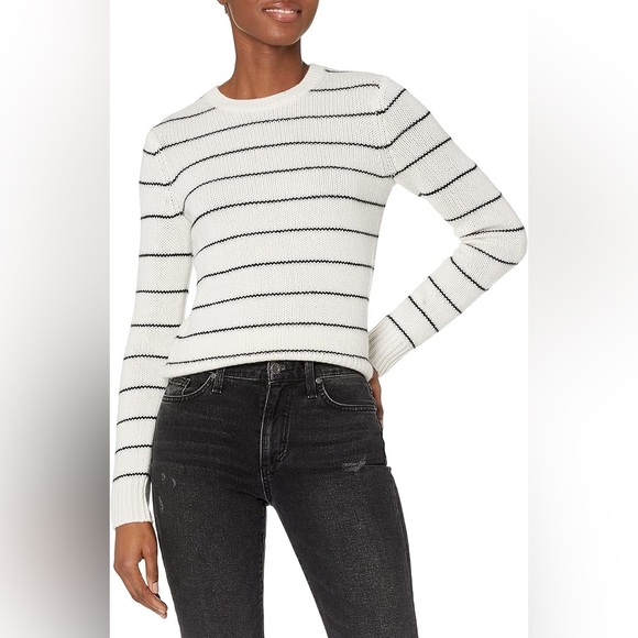 VINCE Cotton Lightweight Mesh White Black Stripe Crewneck Long Sleeve Sweater S - Picture 1 of 7